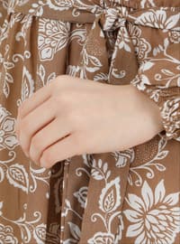 Brown - Floral - Crew neck - Unlined - Cotton - Modest Dress