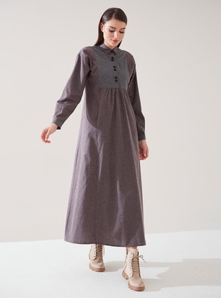 Maroon - Gray - Multi - Point Collar - Unlined - Cotton - Modest Dress - SAHRA AFRA
