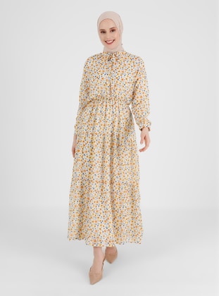 Yellow - Floral - Crew neck - Fully Lined - Modest Dress - Benin