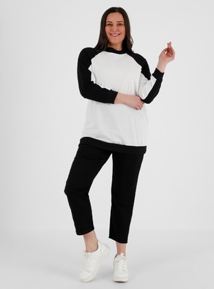 Cotton - Crew neck - White - Black - Plus Size Sweatshirts - Alia