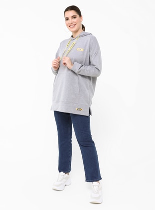 Gray - Cotton - Plus Size Sweatshirts - Alia
