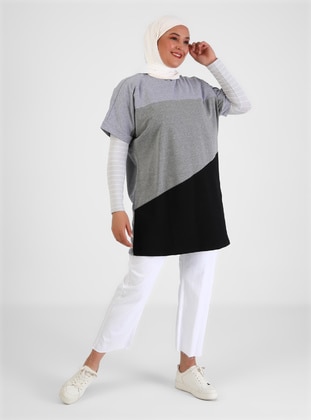  - Gray - Black - Cotton - Plus Size Sweatshirts - Alia