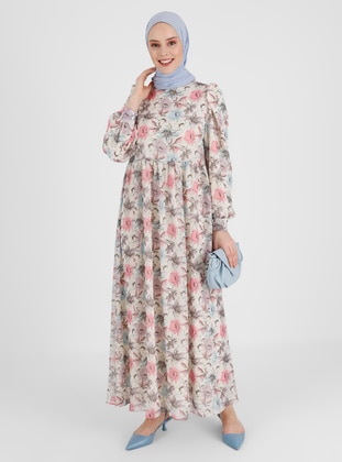 Beige - Floral - Crew neck - Fully Lined - Modest Dress - Refka