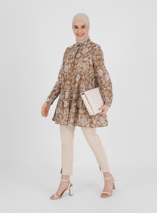 Brown - Floral - Point Collar - Cotton - Tunic - Refka
