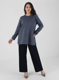 Plus Size Slit Detailed Silvery Sweater Tunic Indigo