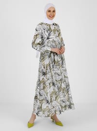 Floral Patterned Lined Chiffon Modest Dress Acid Yellow Pattern