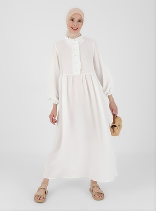 Frill Detailed Modest Dress Off White