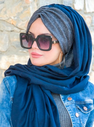 Square Patterned Instant Practical Shawl Navy Blue Instant Scarf