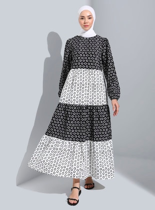 Black - Geometric - Crew neck - Unlined - Cotton - Modest Dress - Benin