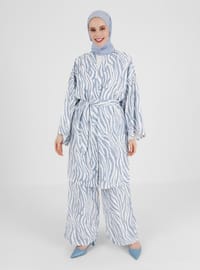 Zebra Patterned Kimono&Pants Set Deep Blue