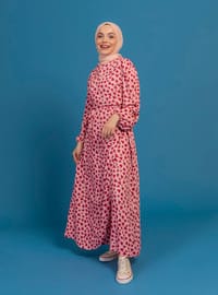 Pink - Heart Print - Crew neck - Unlined - Modest Dress