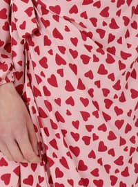Pink - Heart Print - Crew neck - Unlined - Modest Dress