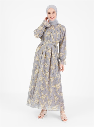 Gray - Floral - Crew neck - Fully Lined - Modest Dress - Refka