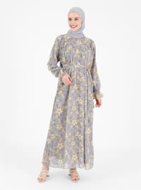 Gray - Floral - Crew neck - Fully Lined - Modest Dress