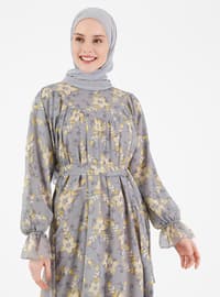Gray - Floral - Crew neck - Fully Lined - Modest Dress