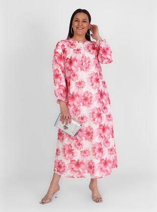 Pink - Floral - Fully Lined - Crew neck - Plus Size Dress - Alia