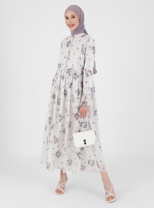 Brit Detailed Floral Patterned Chiffon Modest Dress Ecru Lilac