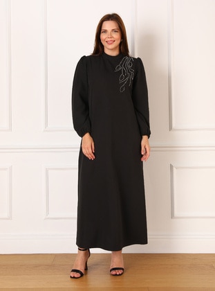 Black - Unlined - Crew neck - Modest Plus Size Evening Dress - Alia