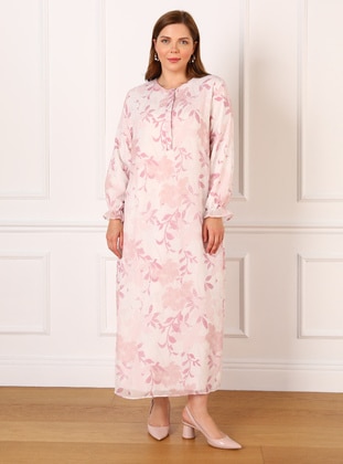 Plus Size Floral Patterned Chiffon Dress Rose Color Ecru