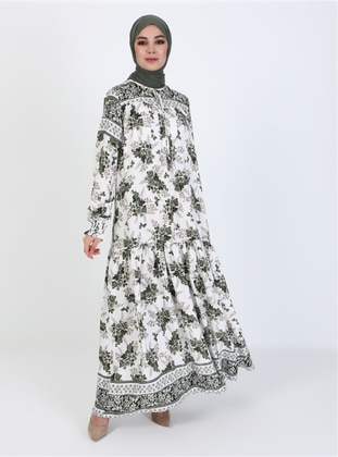 Natural Fabric Floral Patterned Modest Dress Khaki