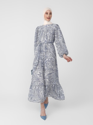 White - Blue - Floral - Shawl - Crew neck - Fully Lined - Modest Dress - Refka