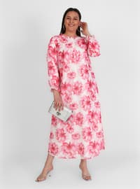 Pink - Floral - Fully Lined - Crew neck - Plus Size Dress