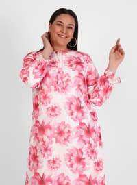 Pink - Floral - Fully Lined - Crew neck - Plus Size Dress