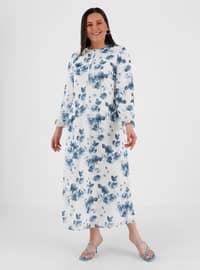 Büyük Beden Çiçek Desenli Şifon Elbise - Ekru İndigo