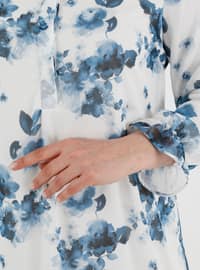 Büyük Beden Çiçek Desenli Şifon Elbise - Ekru İndigo