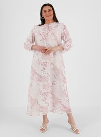 Ecru - Dusty Rose - Floral - Fully Lined - Crew neck - Plus Size Dress