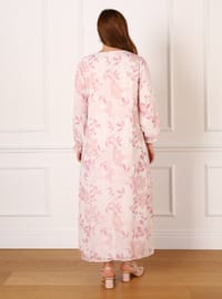 Plus Size Floral Patterned Chiffon Dress Rose Color Ecru