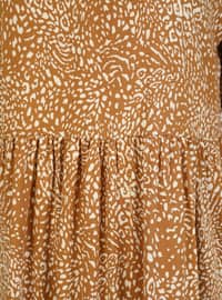 Büyük Beden Doğal Kumaşlı Leopar Desenli Elbise - Camel Ekru