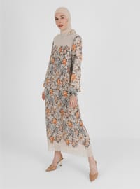 Beige - Orange - Floral - Crew neck - Fully Lined - Modest Dress