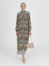 Pleated Chiffon Modest Dress With Frill Detailed Collar Green Coffee Color Pattern