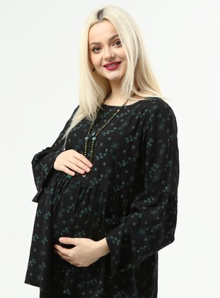 Black - Green - Floral - Crew neck - Maternity Blouses Shirts - Ladymina Pijama