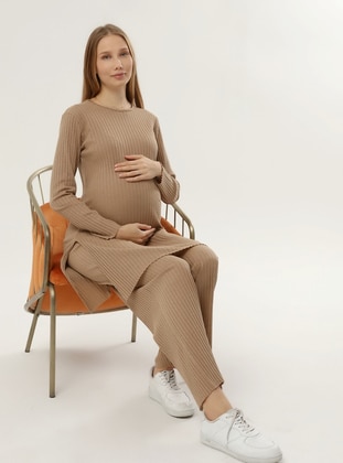 Brown - Crew neck - Maternity Tunic / T-Shirt - Ladymina Pijama