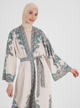 Shawl Patterned Belt Detailed Kimono Petrol Blue