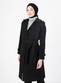 Black - Unlined - V neck Collar - Coat