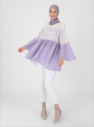 Lilac - Floral - Crew neck - Cotton - Tunic - Benin
