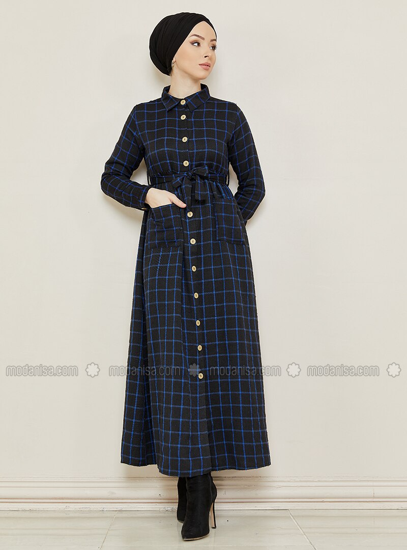 Saxe - Checkered - Point Collar - Unlined - Cotton - Modest Dress