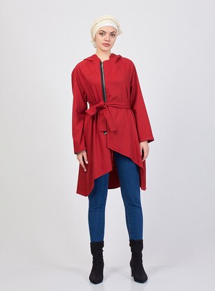 Red - Unlined - Crew neck - Cotton - Wool Blend - Trench Coat - Meryem Acar