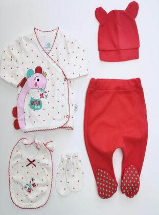 Printed - V neck Collar - Unlined - Red - Baby Care-Pack - MİNİPUFF BABY