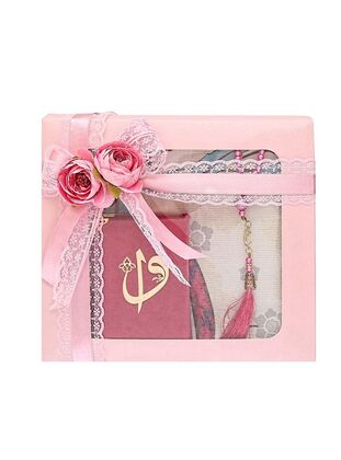 Velvet Covered Quran, Sejadah, Pearl Prayer Beads in Acetate Box (26x23) Gift Set - İkranur