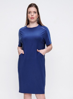 Blue - Unlined - Crew neck - Plus Size Dress - By Saygı