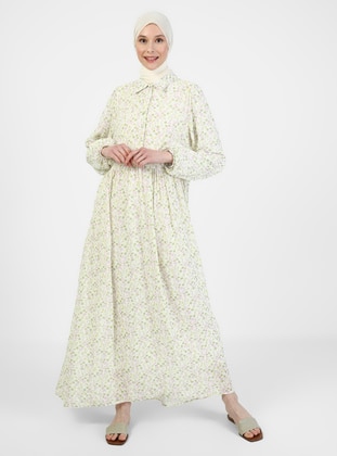 Green - Floral - Point Collar - Fully Lined - Viscose - Modest Dress - Benin
