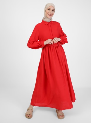 Red - Point Collar - Unlined -  - Viscose - Modest Dress - Benin