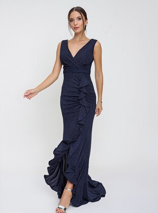 Navy Blue - Double-Breasted - Evening Dresses - By Saygı