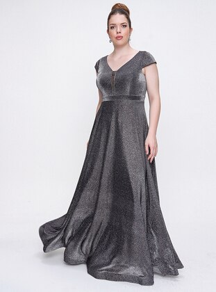 Gray - Silvery - Fully Lined - V neck Collar - Modest Plus Size Evening Dress - By Saygı