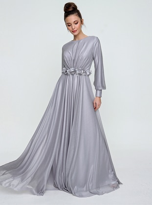 Fully Lined - Gray - Crew neck - Modest Evening Dress - By Saygı