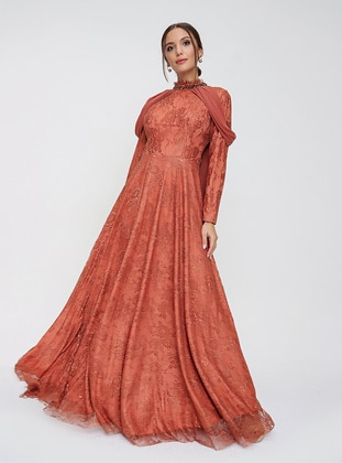 Fully Lined - Terra Cotta - Polo neck - Evening Dresses - By Saygı